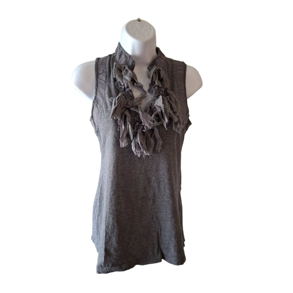 V Christina Womens Ruffle Neck Top Small Gray Sleeveless Preppy Dark Academia